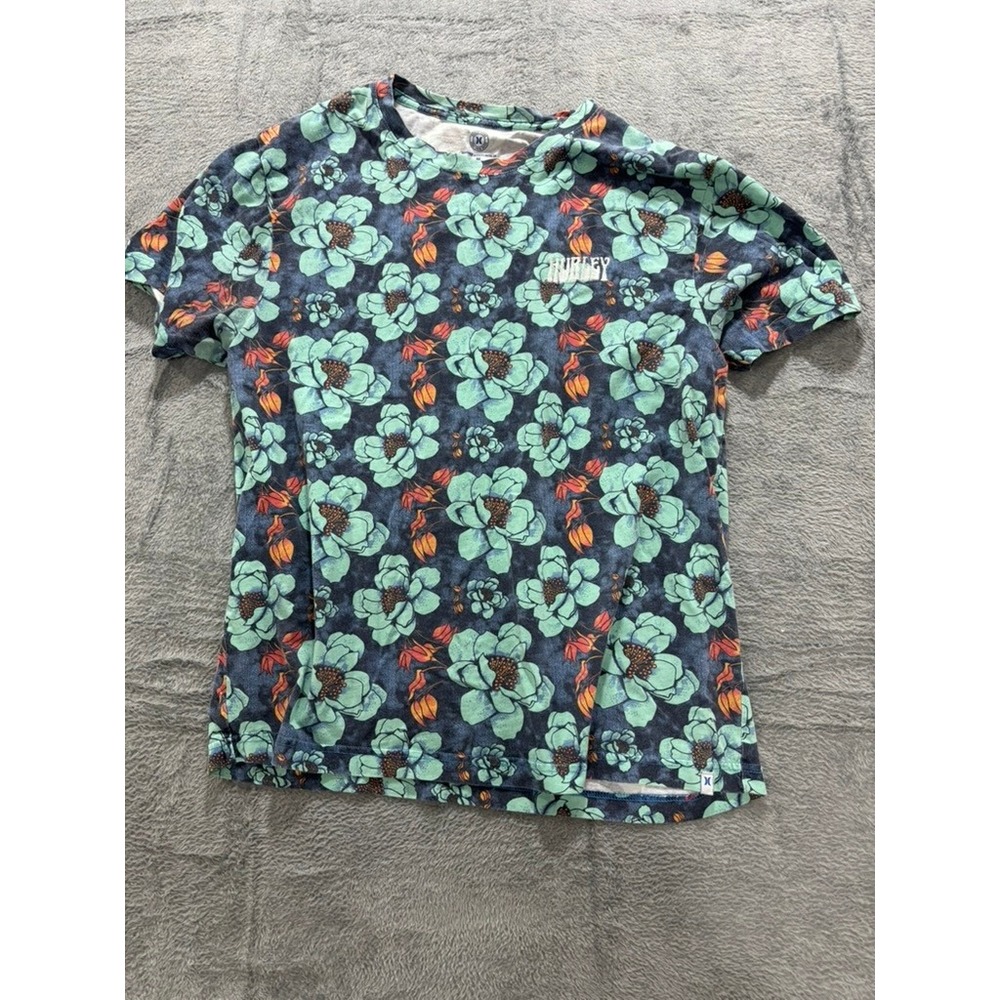 Hurley Floral T Shirt Men Medium Blue Green Tropical Cotton Short Sleeve - Picture 2 of 8